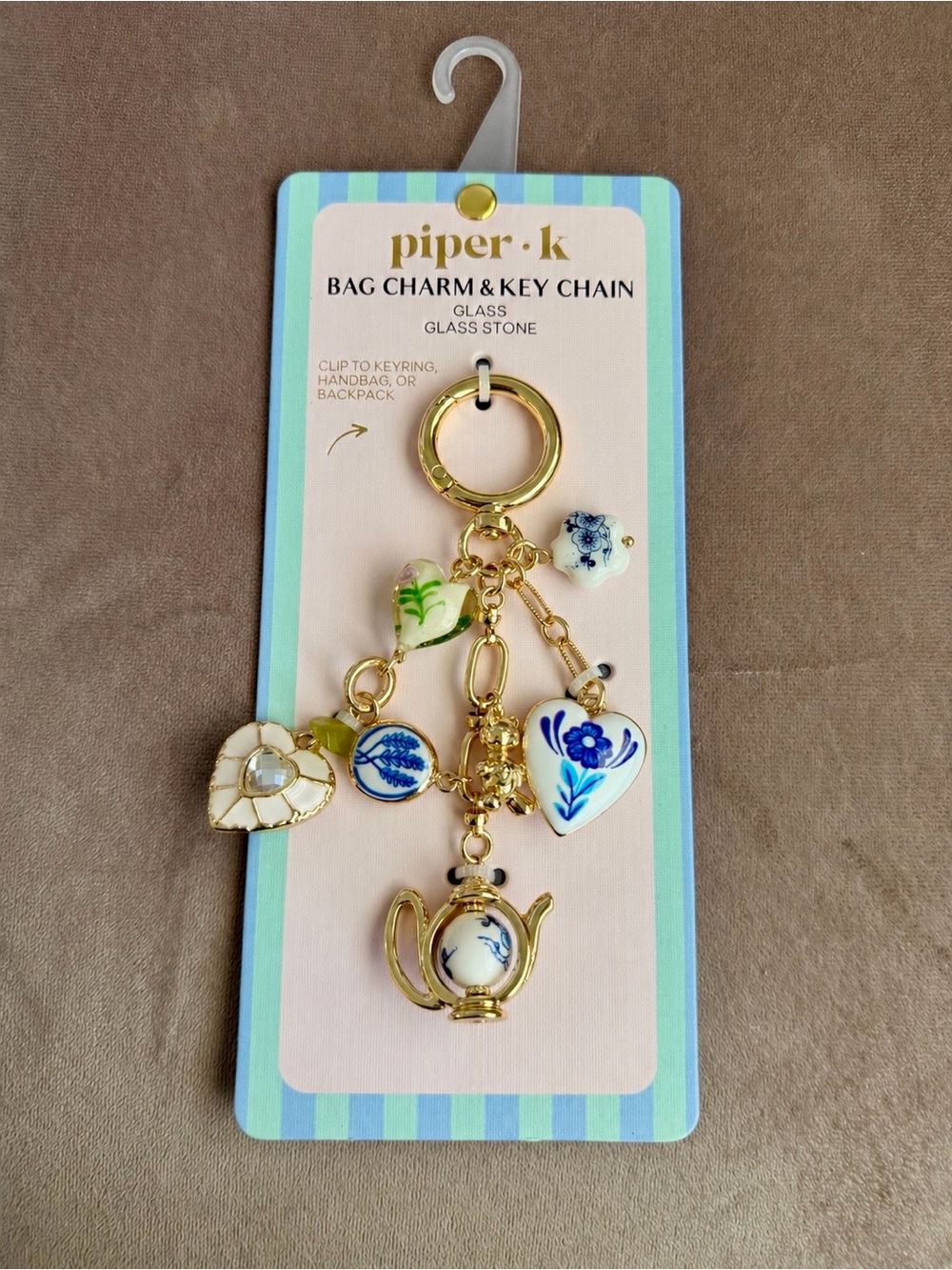 New Piper K Gold and White Bag Charm and Key Chain with Blue Accents